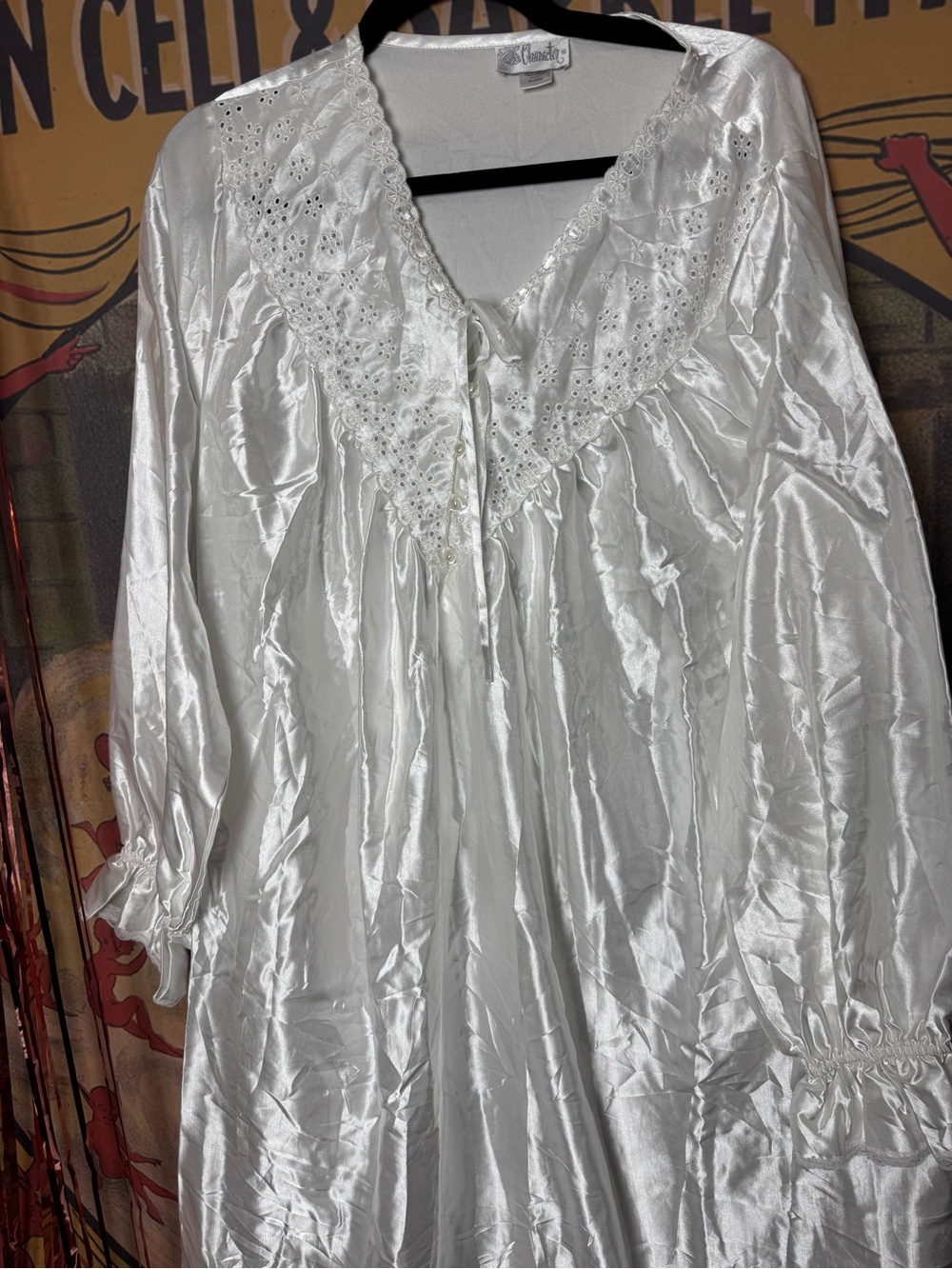 🕊️90s Characters White Lace Trim Satin Longsleeve Maxi Nightgown
